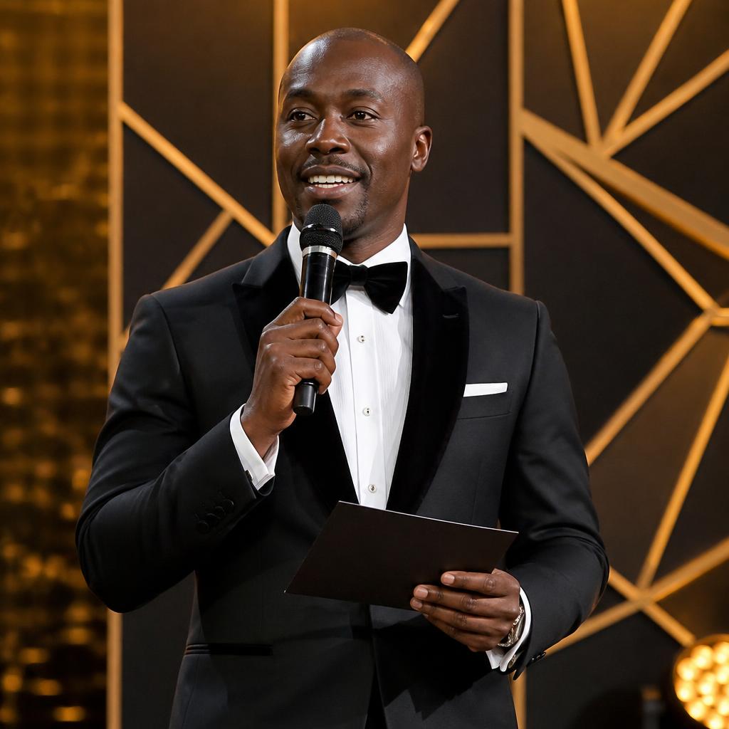 Gala event MC in black tuxedo hosting an awards night